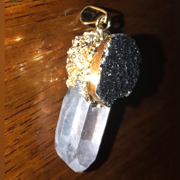 “Black Druzy & Clear Quartz” Crystal Pyramid Terminated Point Wand Gold Necklace - Picture 8 of 16